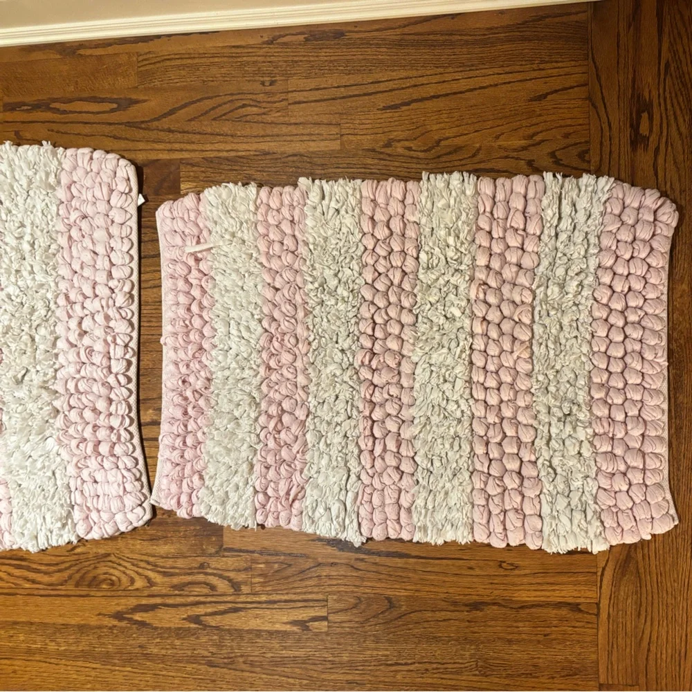 Pink and White Striped Bath Mats